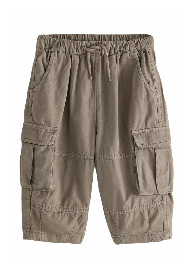 Khaki cargoshorts med elastisk taljebånd, snørebånd, to sidelommer og to store cargolommer på hver side. Blødt, bomulds materiale.