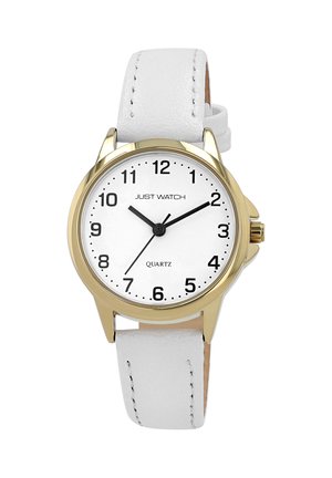 Runde Quarzuhr mit goldfarbenem Metallgehäuse, weißem Zifferblatt, schwarzen Stundenmarkierungen und weißem Lederarmband mit Steppnähten. Marke: Just Watch.