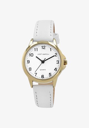 Runde Quarzuhr mit goldfarbenem Metallgehäuse, weißem Zifferblatt, schwarzen Stundenmarkierungen und weißem Lederarmband mit Steppnähten. Marke: Just Watch.