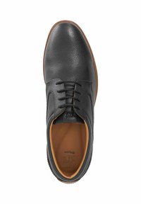 Black textured leather lace-up dress shoe with brown inner lining and sole, viewed from above on a white background.