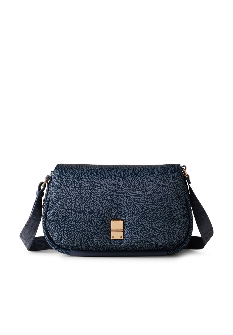 Navy textured leather shoulder bag with a gold-tone hardware clasp, adjustable strap, and a flat, rectangular shape.