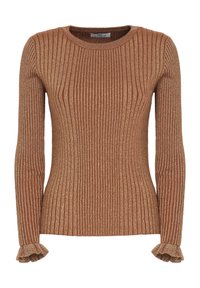 Ribben brauner Pullover mit langen Ärmeln, runder Ausschnitt und Rüschenärmeln. Der Stoff hat einen subtilen Schimmereffekt.