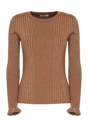 Geribbeld bruine sweater met lange mouwen, voorzien van een ronde halslijn en gerimpelde manchetten. De stof heeft een subtiele glans.