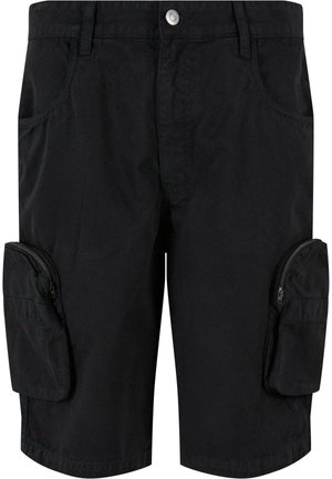 Pantalones cortos de carga negros de algodón con un bolsillo con cremallera a cada lado y bolsillos frontales estándar. Tejido texturizado con pasadores para el cinturón.