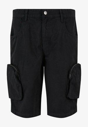 Mustad mustad lühikesed püksid, mis on valmistatud puuvillast ja millel on kummist taskud mõlemal küljel ning standardsed eesmistaskud. Tekstuuriga kangas ja vöökohad.