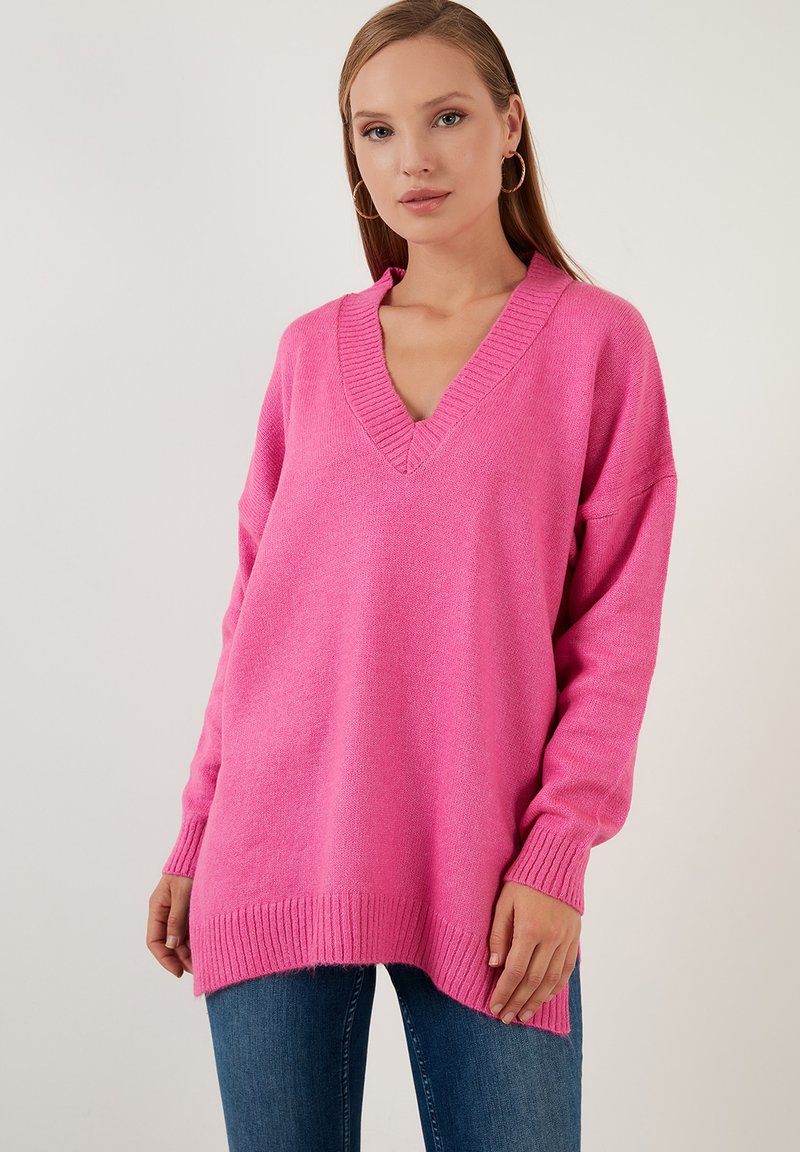 LELA LOOSE FIT Strickpullover Fuchsia pink Zalando de lela-loose-fit-strickpullover-fuchsia-pink-zalando-de