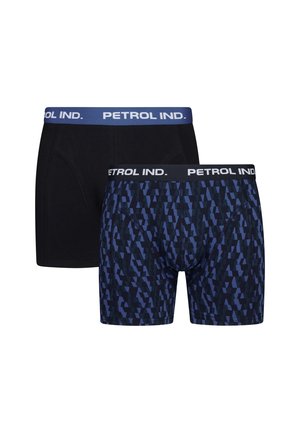 Shorts de boxer noirs avec un motif géométrique bleu. Matériau en coton doux, avec des ceintures élastiques contrastantes "PETROL IND.".