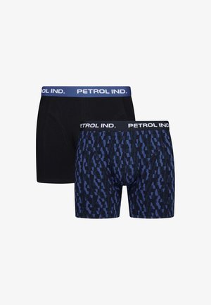 Boxershort in zwart met een blauw geometrisch patroon. Zachte katoenen stof, met contrasterende elastische taillebanden van "PETROL IND."