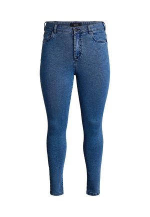 Kitsad sinised teksad kõrge vöökohaga, valmistatud denimkangast, klassikalise viie taskuga disainiga ja lukuga, millel on nupuklõps.