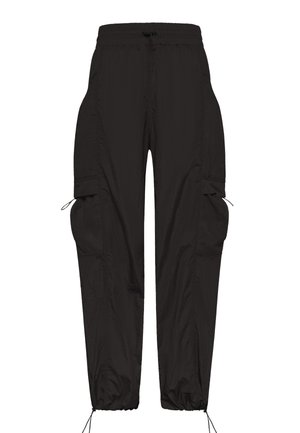 Černé lehké cargo kalhoty s elastickým pasem a manžetami na kotnících, vybavené velkými postranními kapsami z síťoviny a nastavitelnými stahovacími šňůrkami.