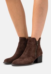 Bottines en suédine marron avec un bout rond et une fermeture éclair sur le côté, dotées d'un talon empilé et d'une texture lisse.