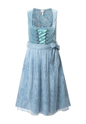 Hellblaues Kleid mit tailliertem Oberteil aus Satin, geschnürter Front und ausgestelltem Rock mit gestickten Blumenmustern und Pailletten.