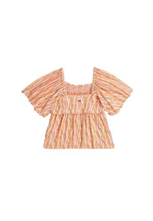 Ľahká blúzka s krátkym rukávom v oranžovej farbe s vlnitými viacfarebnými pruhmi. Má nazberaný štvorcový výstrih a viacvrstvový dizajn.