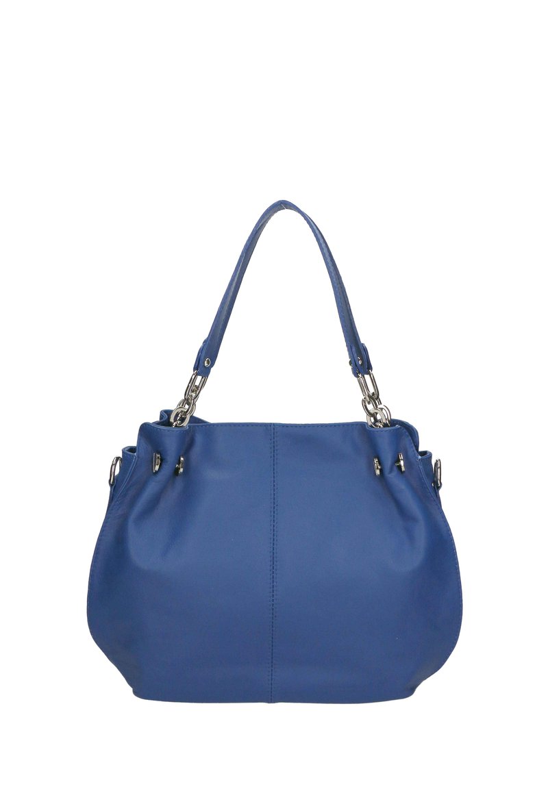 Bolso de cuero azul con forma redondeada. Cuenta con dos asas cortas y detalles en metal plateado. Textura suave con costuras mínimas.