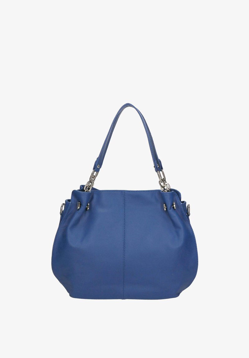 Blauwe leren handtas met een ronde vorm. Voorzien van dubbele korte handvatten en zilverkleurige hardwareaccenten. Glad materiaal met minimale stiksels.