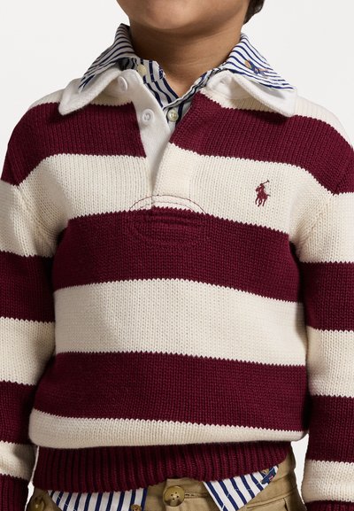 Adīts džemperis bordo un baltajās svītrās, ar apkakles kaklu un zem tā uzvilktu zilu un baltu svītrotu kreklu, kā arī logotipa detaļu.