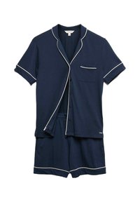 Ensemble de pyjama bleu marine avec une chemise courte à manches courtes à boutons, comportant un passepoil blanc, une poche, et un short assorti avec une taille élastique.