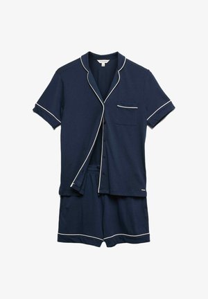 Navyblaues Schlafanzugset mit kurzärmeligem Hemd mit Knopfleiste, weißen Paspeln, Tasche und passenden Shorts mit elastischem Bund.