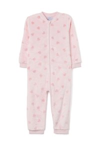 Weicher, rosa Fleece-Overall mit Reißverschluss, langen Ärmeln und kleinen Herzmustern. Die Bündchen und der Kragen sind in einem einheitlichen hellrosa gehalten.