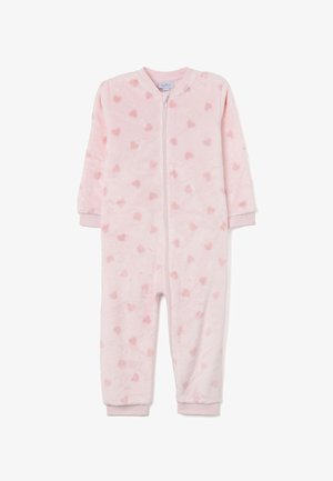 Mono de forro polar suave en color rosa claro con cierre de cremallera en la parte delantera, mangas largas y pequeños patrones de corazones. Los puños y el cuello son de un rosa claro sólido.