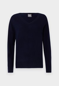 Pullover din tricot moale de culoare bleumarin, cu decolteu în V; are mâneci lungi și un tiv drept cu accente ribbate la manșete și la baza.