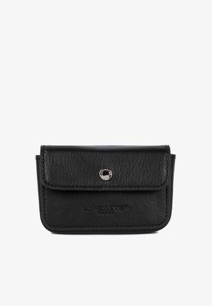 Black leather wallet with a textured surface, magnetic snap closure, and embossed "LANCASTER PARIS" logo on the front. Simple rectangular shape.