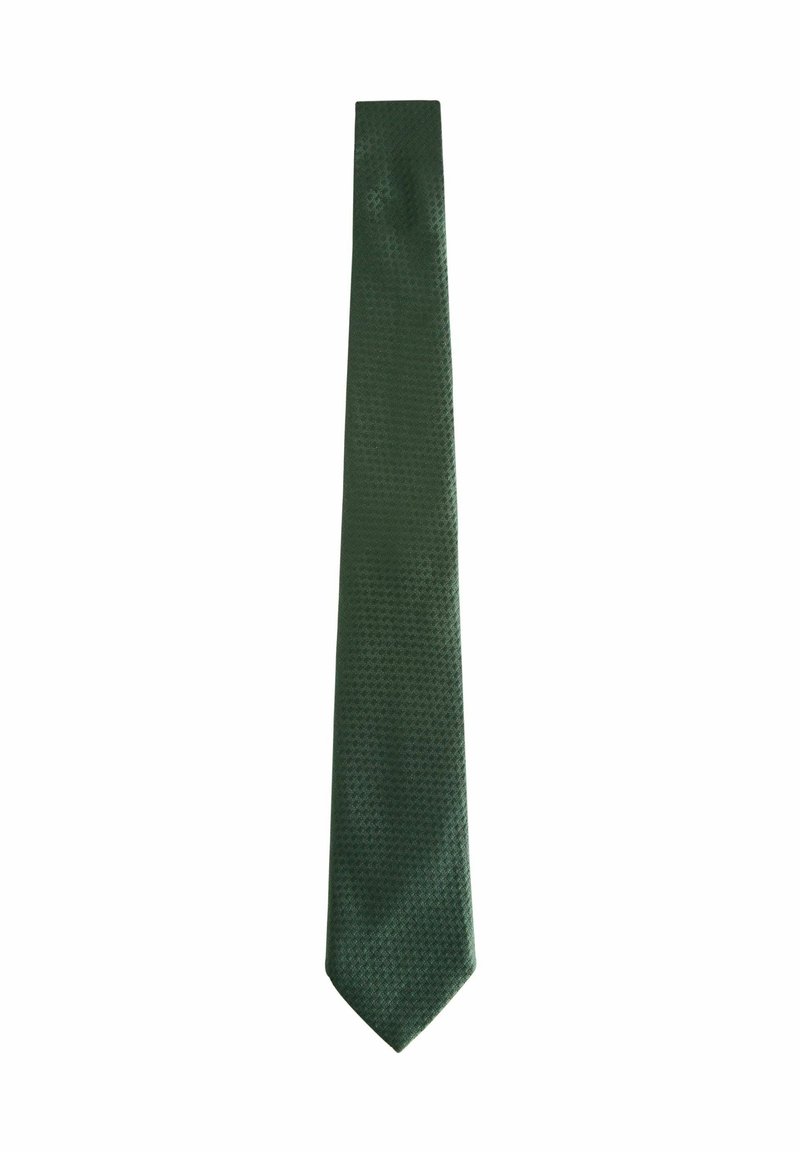 Cravate verte avec une surface texturée et à motifs. Design slim avec une pointe pointue, fabriquée à partir d'un tissu lisse, adaptée pour une tenue formelle.