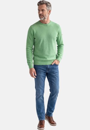 Mann mit grauem Haar und Bart, der einen grünen Pullover, blaue Jeans und braune Schuhe trägt, steht mit einer Hand in der Tasche.