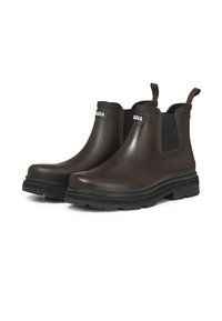 Brown rubber Chelsea boots with black elastic side panels and pull tabs. Thick black sole with textured tread for grip. Uniform smooth finish.