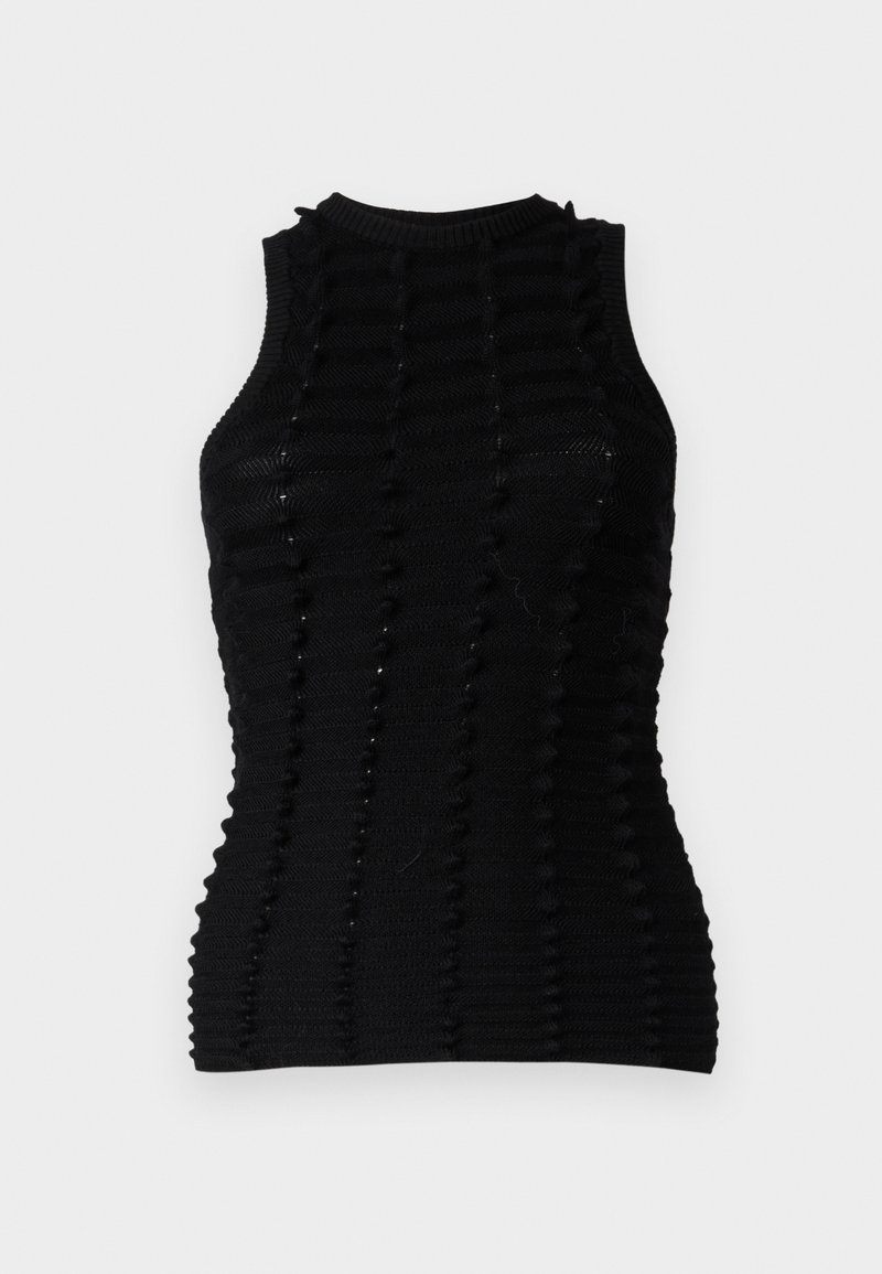 Sort striktrøje uden ærmer med et tekstureret design og optrukne striber samt en høj halsudskæring, der fremhæver en tætsiddende silhuet.