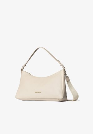 Sac à bandoulière en cuir couleur crème avec fermeture éclair dorée, sangle réglable et logo Marc Ellis à l'avant.