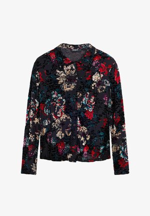 Zwarte blouse met knoopsluiting, versierd met een bloemenpatroon in rood, teal en crème, met lange mouwen en een zachte, gestructureerde stof.