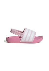 Infradito rosa con una larga fascia bianca caratterizzata da tre strisce orizzontali. Materiale morbido e suola testurizzata. Design leggero.