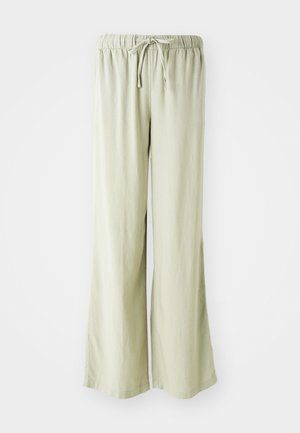 Light green wide-leg pants with an elastic waistband and drawstring. Made of a soft, textured fabric; hemmed edges with no visible patterns.