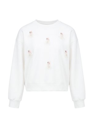 Biała bluza z długim rękawem z małymi, pastelowymi naszywkami w kształcie zwierzęcych pyszczków równomiernie rozmieszczonymi na przodzie. Brak widocznych logo lub tekstu.