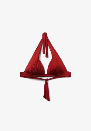 Červený bikinový top s halter výstřihem a nastavitelnými šňůrkami na krku a na zádech, vyrobený z hladké látky.