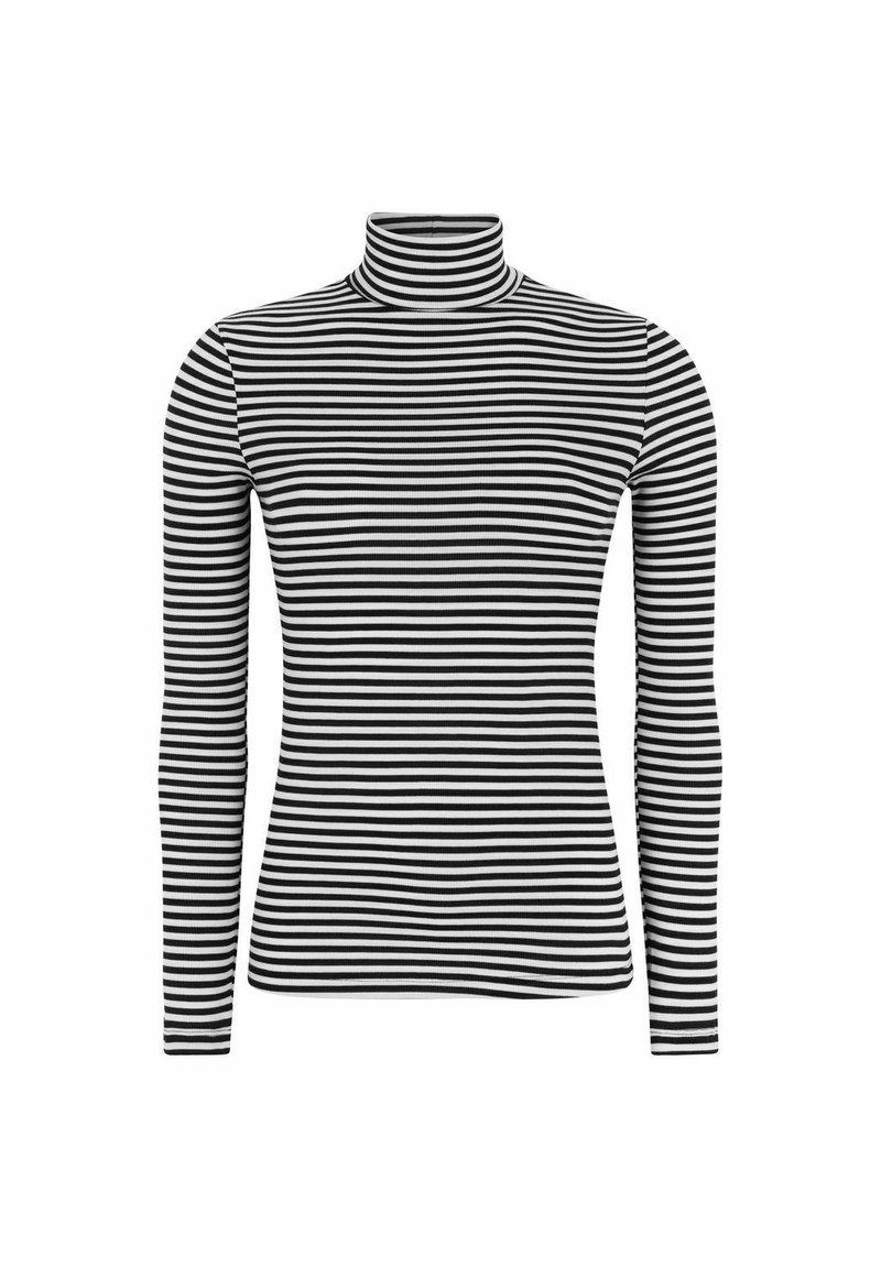 Schwarz-weißer gestreifter Rollkragenpullover mit langen Ärmeln, der ein enges Design und einen glatten, dehnbaren Stoff aufweist.