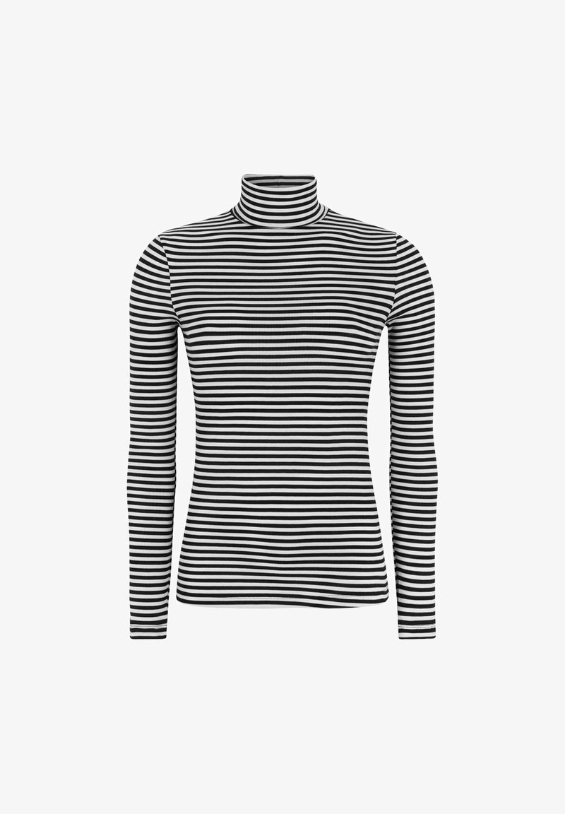 Majica s turtleneck ovratnikom na črno-bele črte z dolgimi rokavi, ki ima oprijet kroj in gladko, elastično tkanino.