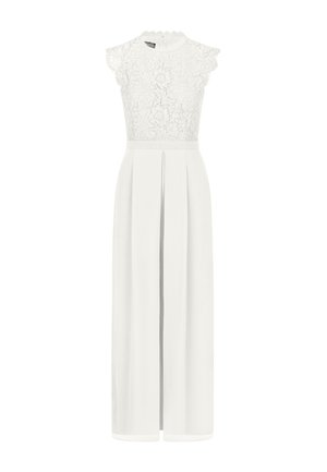 Weißes ärmelloses Maxikleid mit Spitzenoberteil, wellenförmigen Kanten, hohem Kragen und plissiertem Rock mit vorderem Schlitz.