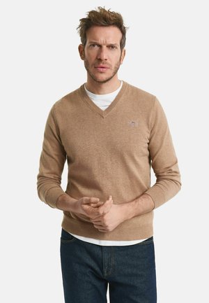 Brauner V-Ausschnitt-Pullover aus weichem Material, mit langen Ärmeln und gerippten Bündchen. Über einem weißen Hemd getragen; minimalistisches Logo auf der Brust.