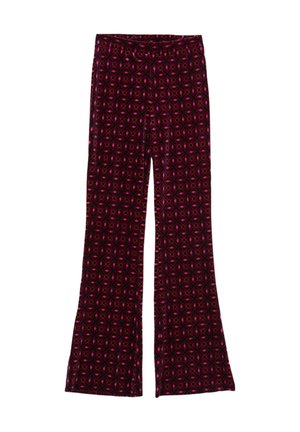 Pantaloni a trombetta in velluto rosso scuro con un motivo a diamante in tonalità di rosa e viola. Presentano una vita elastica per il massimo comfort.