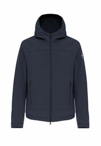 Giacca con cappuccio blu navy con zip frontale, due tasche laterali, rivestimento morbido e polsini elastici. Texture liscia e dettagli di design minimali.