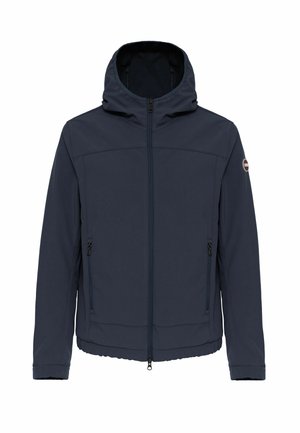 Giacca con cappuccio blu navy con zip frontale, due tasche laterali, rivestimento morbido e polsini elastici. Texture liscia e dettagli di design minimali.