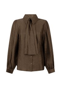 Bruine blouse met textuur, voorzien van een brede kraag en een strik aan de voorkant. Kenmerkt zich door lange mouwen met gathered manchetten en een knoopsluiting.