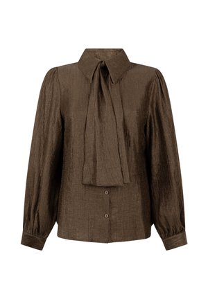 Bruine blouse met textuur, voorzien van een brede kraag en een strik aan de voorkant. Kenmerkt zich door lange mouwen met gathered manchetten en een knoopsluiting.