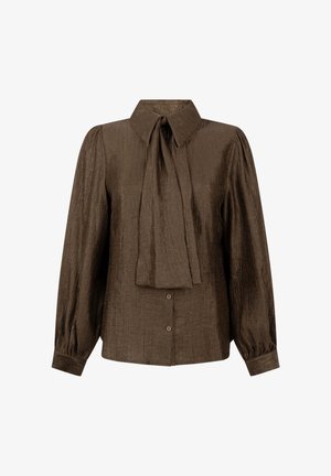 Braune blusige Bluse mit weitem Kragen und vornem Bindeband. Sie verfügt über lange Ärmel mit gerafften Manschetten und eine Knopfleiste.