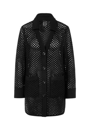 Black cardigan made of open-knit material, featuring a collared neckline, six buttons, and two front pockets. Textured pattern throughout.