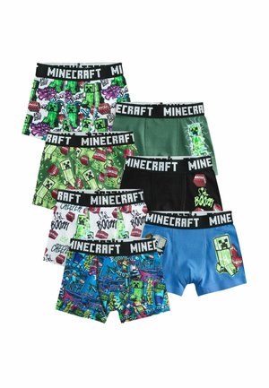 Sedem párov farebných boxeriek pre chlapcov s motívom Minecraft, s Creepermi, TNT blokmi a hernou grafikou, s čiernymi pásmi označenými "Minecraft."