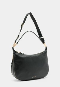 Sac à bandoulière en cuir noir avec fermetures éclair dorées et bandoulière ajustable, avec le nom de la marque Liu Jo en lettres dorées sur le devant.