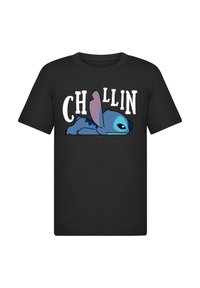 Svart bomull T-skjorte med en blå tegneseriefigur som ligger ned med store ører og teksten "CHILLIN" i hvitt over.